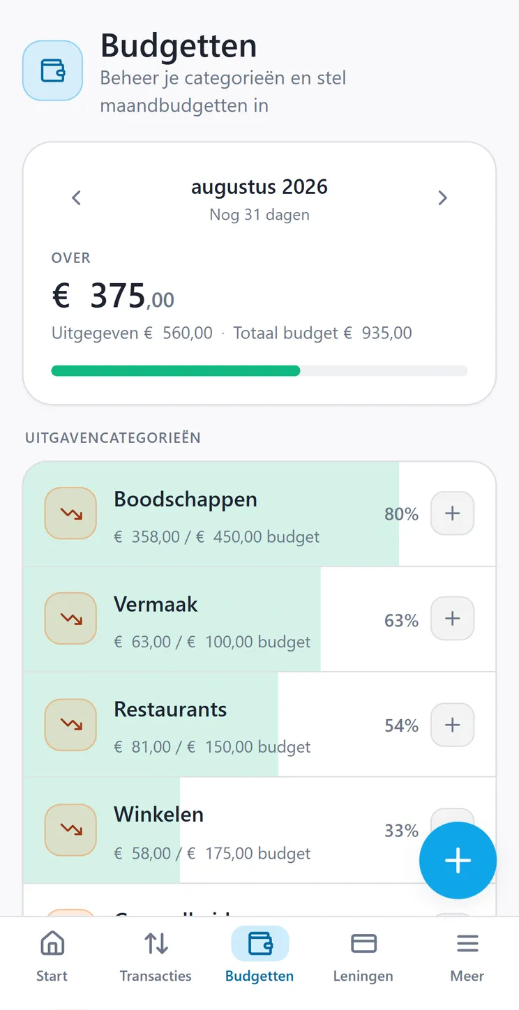 Het budgettenscherm van CroSum met de uitgaven per categorie tegenover de limiet.