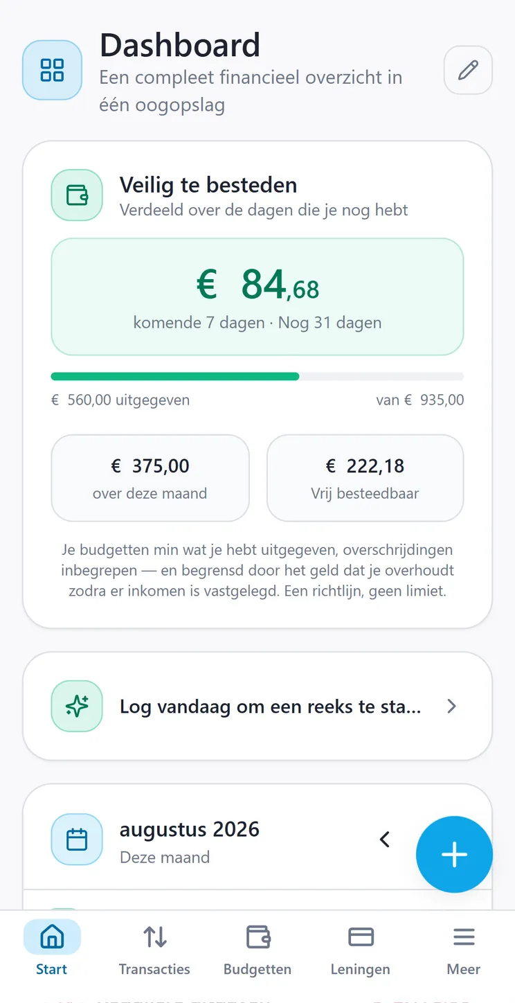 Het CroSum-dashboard met het bedrag dat je deze maand veilig kunt besteden, je budgetten en de rekeningen die eraan komen.