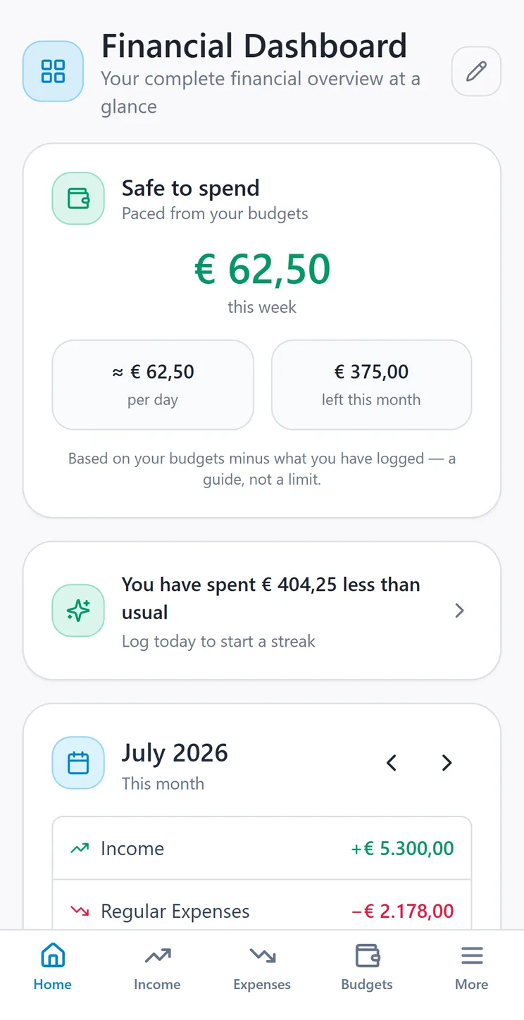 The CroSum dashboard showing this month's safe-to-spend amount, budgets and upcoming bills.