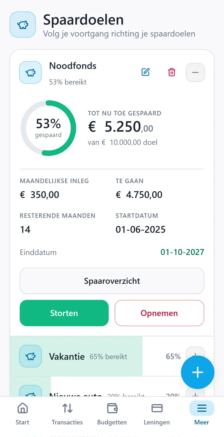 Een spaardoel in CroSum met de voortgang en de maandelijkse inleg die ervoor nodig is.
