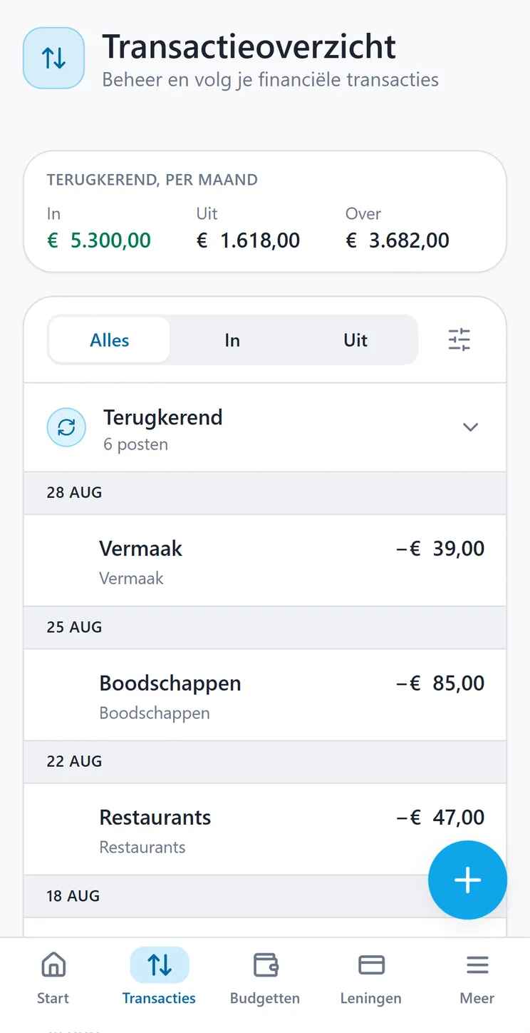 De transactiepagina van CroSum met het in/uit-filter en de terugkerende posten boven de lijst per dag.