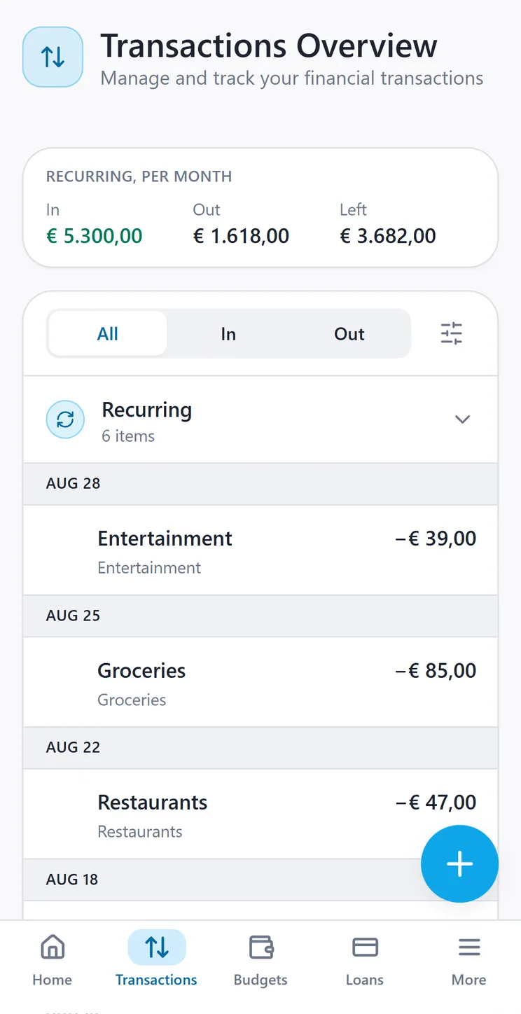 The CroSum transactions page with the in/out filter and the recurring band above the day-grouped list.